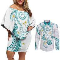 Polynesia Tribal Couples Matching Off Shoulder Short Dress and Long Sleeve Button Shirt Teal Plumeria Tentacles