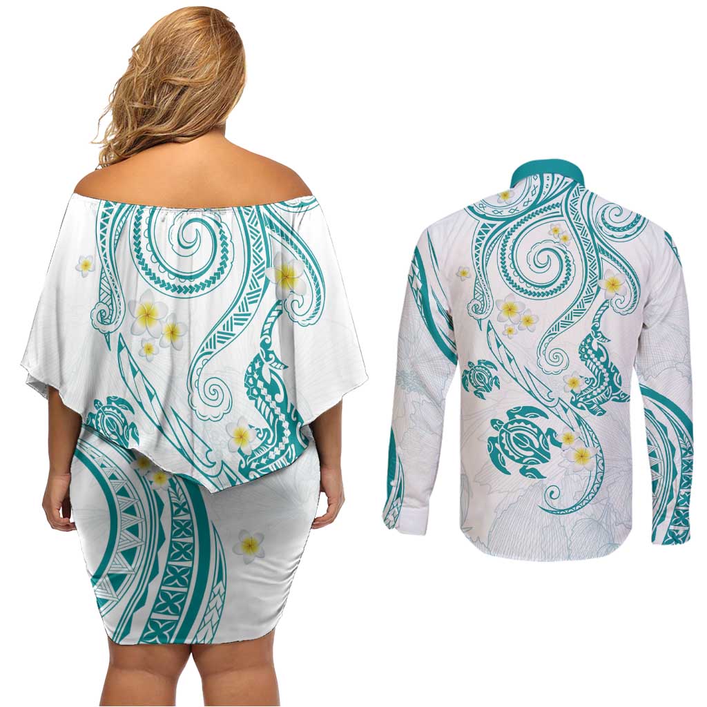 Polynesia Tribal Couples Matching Off Shoulder Short Dress and Long Sleeve Button Shirt Teal Plumeria Tentacles