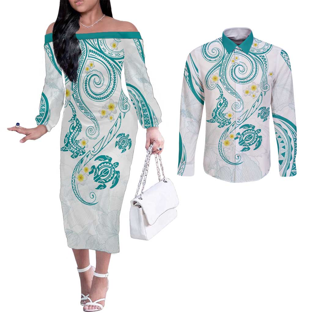 Polynesia Tribal Couples Matching Off The Shoulder Long Sleeve Dress and Long Sleeve Button Shirt Teal Plumeria Tentacles