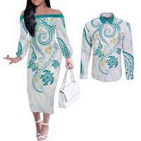 Polynesia Tribal Couples Matching Off The Shoulder Long Sleeve Dress and Long Sleeve Button Shirt Teal Plumeria Tentacles