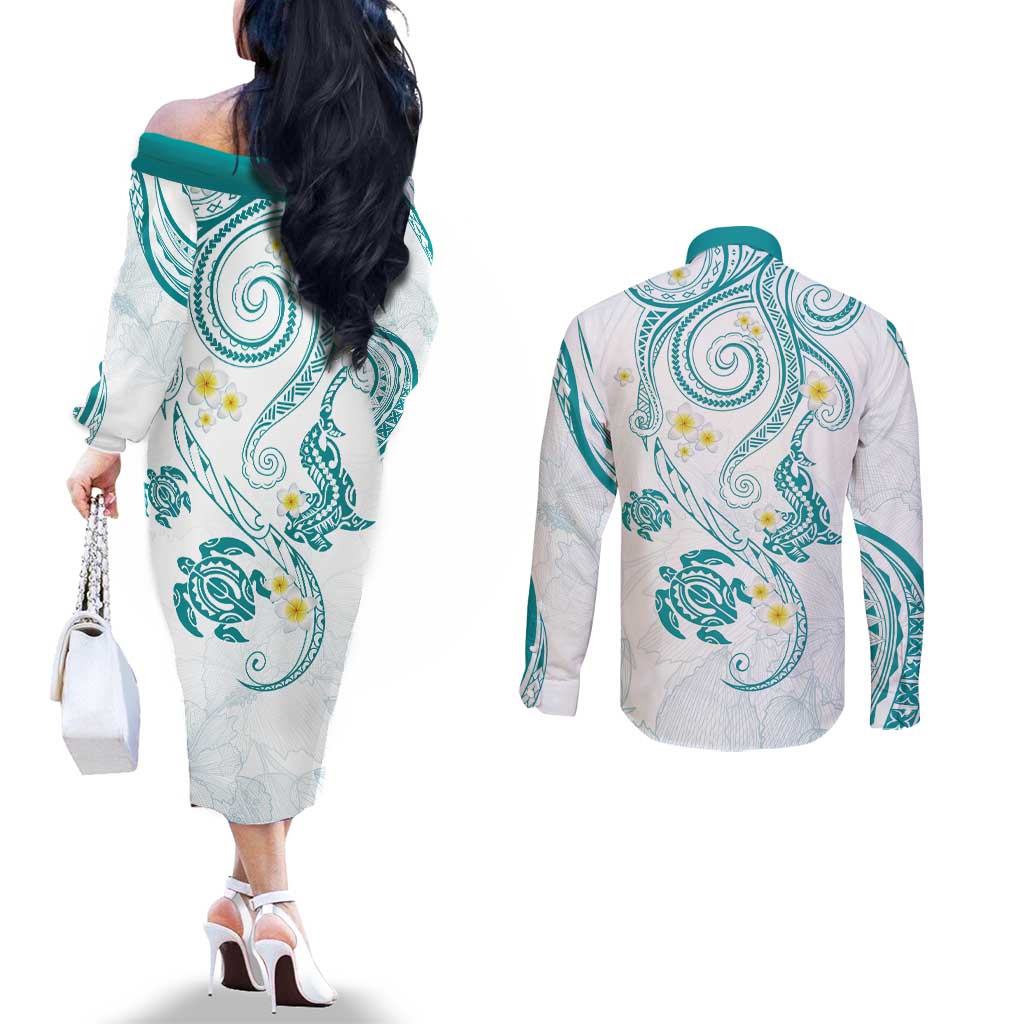 Polynesia Tribal Couples Matching Off The Shoulder Long Sleeve Dress and Long Sleeve Button Shirt Teal Plumeria Tentacles