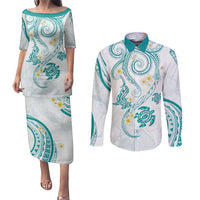 Polynesia Tribal Couples Matching Puletasi and Long Sleeve Button Shirt Teal Plumeria Tentacles LT7 Teal - Polynesian Pride