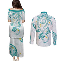 Polynesia Tribal Couples Matching Puletasi and Long Sleeve Button Shirt Teal Plumeria Tentacles LT7 - Polynesian Pride