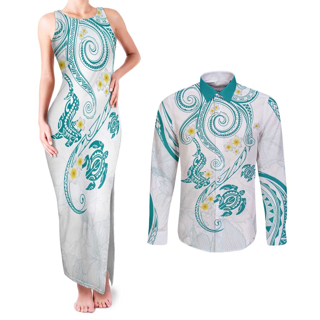 Polynesia Tribal Couples Matching Tank Maxi Dress and Long Sleeve Button Shirt Teal Plumeria Tentacles