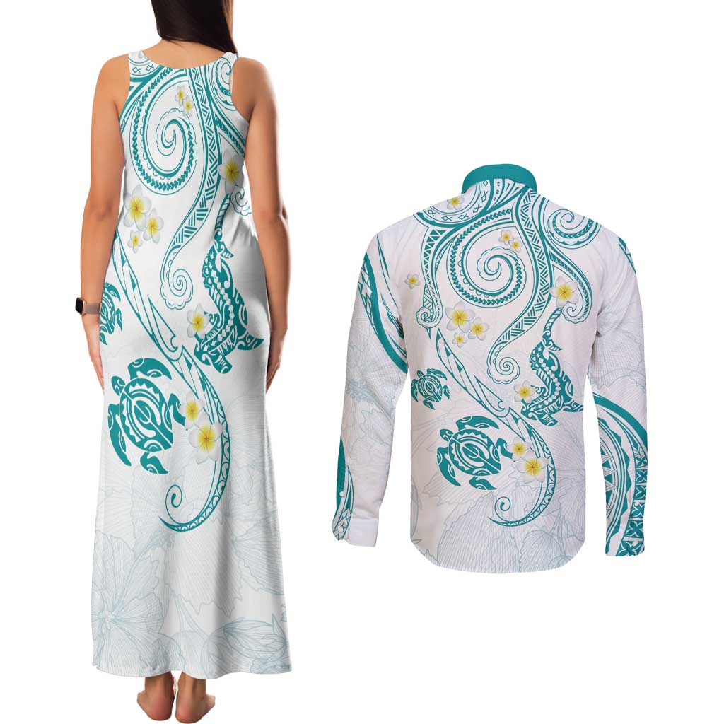 Polynesia Tribal Couples Matching Tank Maxi Dress and Long Sleeve Button Shirt Teal Plumeria Tentacles