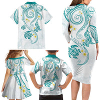 Polynesia Tribal Family Matching Long Sleeve Bodycon Dress and Hawaiian Shirt Teal Plumeria Tentacles LT7 - Polynesian Pride