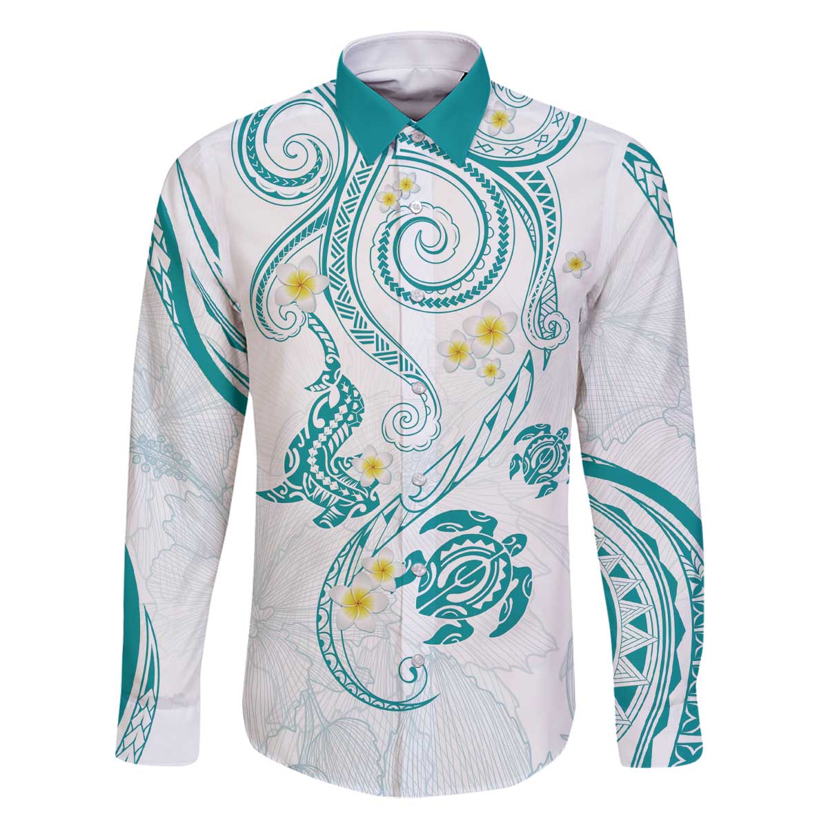 Polynesia Tribal Family Matching Off The Shoulder Long Sleeve Dress and Hawaiian Shirt Teal Plumeria Tentacles LT7 - Polynesian Pride