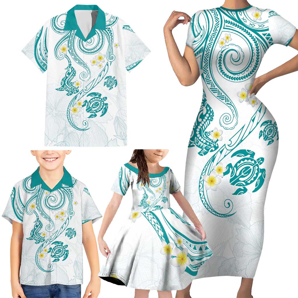 Polynesia Tribal Family Matching Short Sleeve Bodycon Dress and Hawaiian Shirt Teal Plumeria Tentacles LT7 - Polynesian Pride