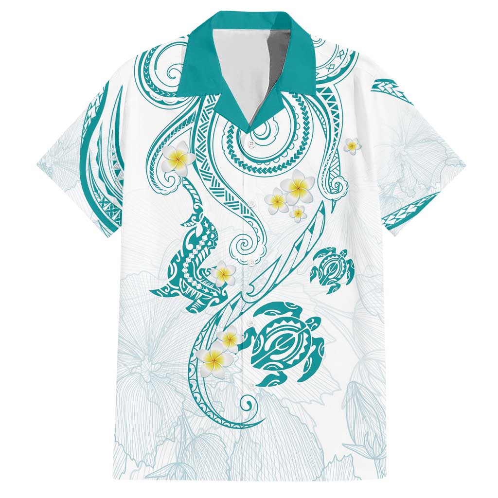 Polynesia Tribal Family Matching Short Sleeve Bodycon Dress and Hawaiian Shirt Teal Plumeria Tentacles LT7 Dad's Shirt - Short Sleeve Teal - Polynesian Pride
