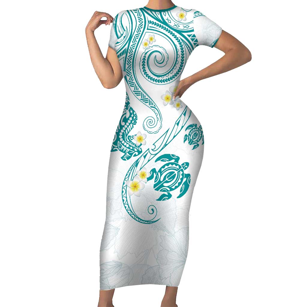 Polynesia Tribal Family Matching Short Sleeve Bodycon Dress and Hawaiian Shirt Teal Plumeria Tentacles LT7 Mom's Dress Teal - Polynesian Pride