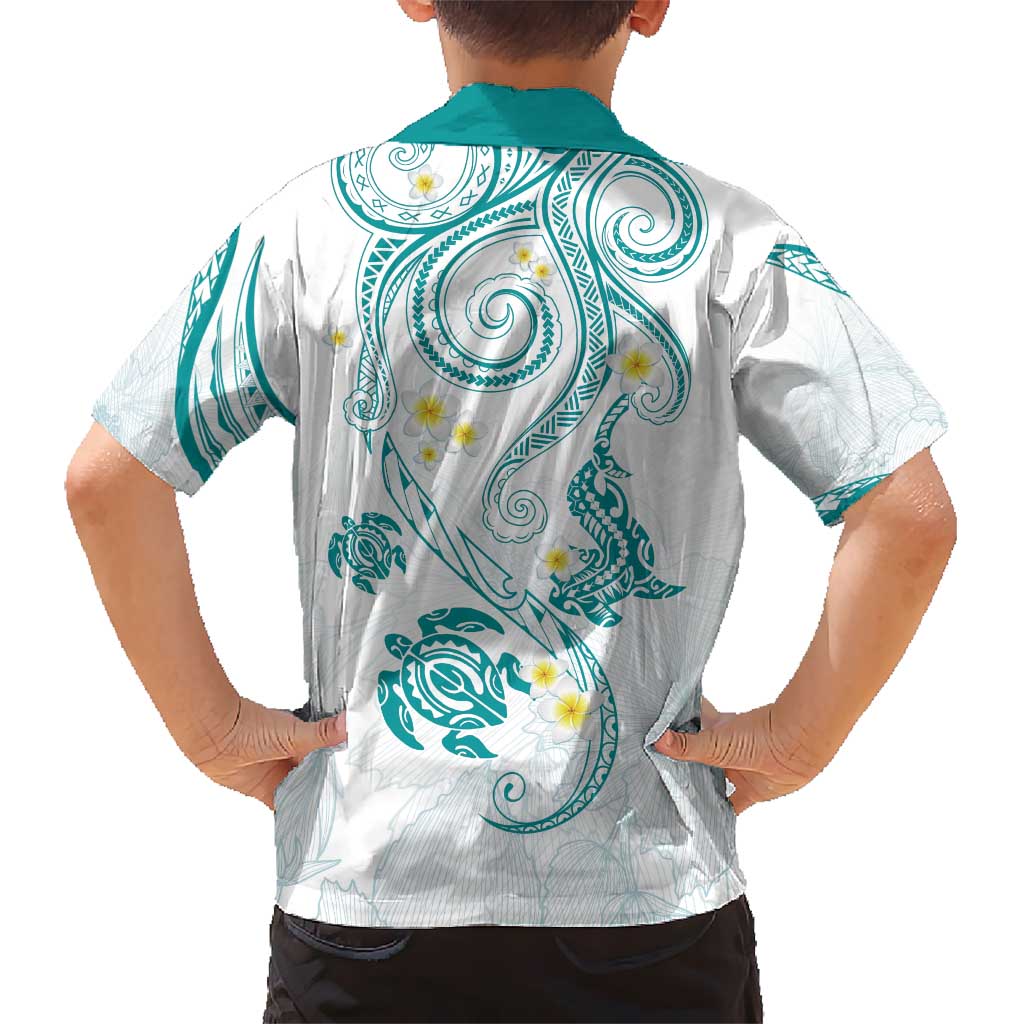 Polynesia Tribal Kid Hawaiian Shirt Teal Plumeria Tentacles