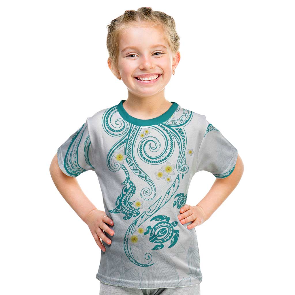 Polynesia Tribal Kid T Shirt Teal Plumeria Tentacles