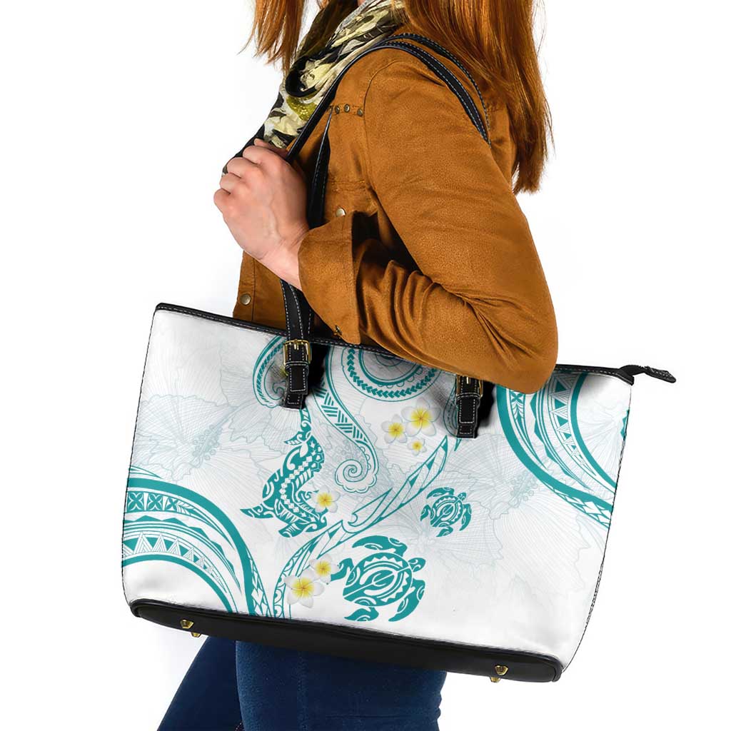 Polynesia Tribal Leather Tote Bag Teal Plumeria Tentacles