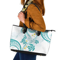 Polynesia Tribal Leather Tote Bag Teal Plumeria Tentacles