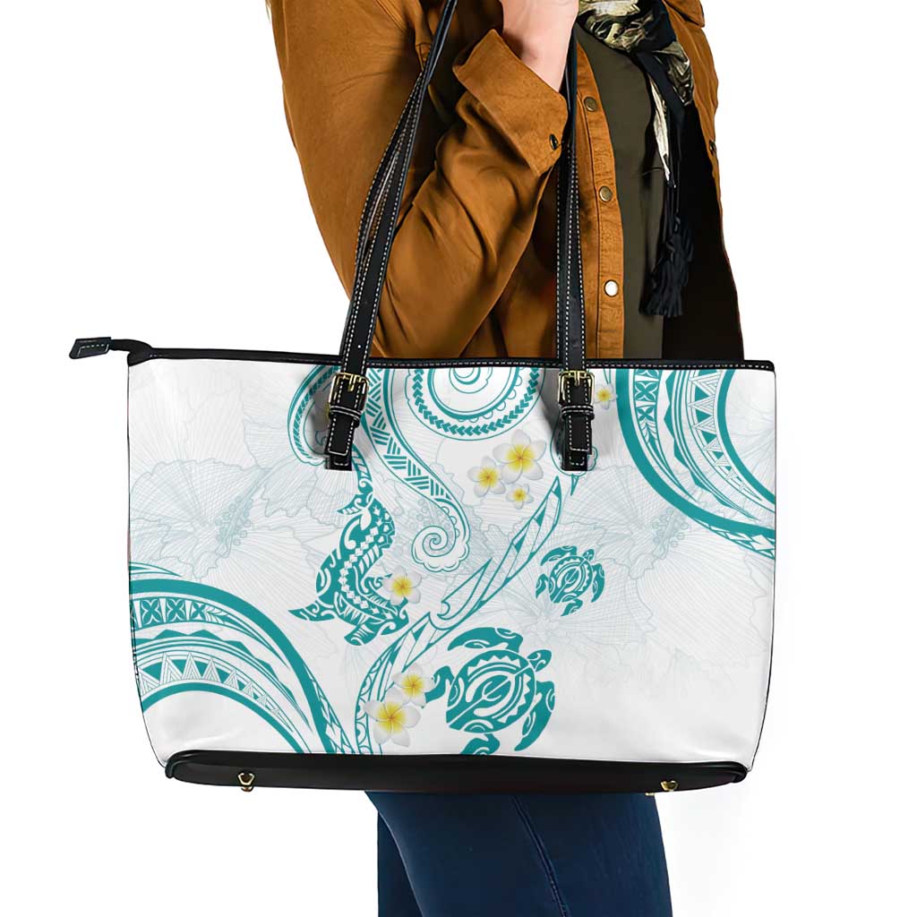 Polynesia Tribal Leather Tote Bag Teal Plumeria Tentacles