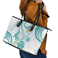 Polynesia Tribal Leather Tote Bag Teal Plumeria Tentacles