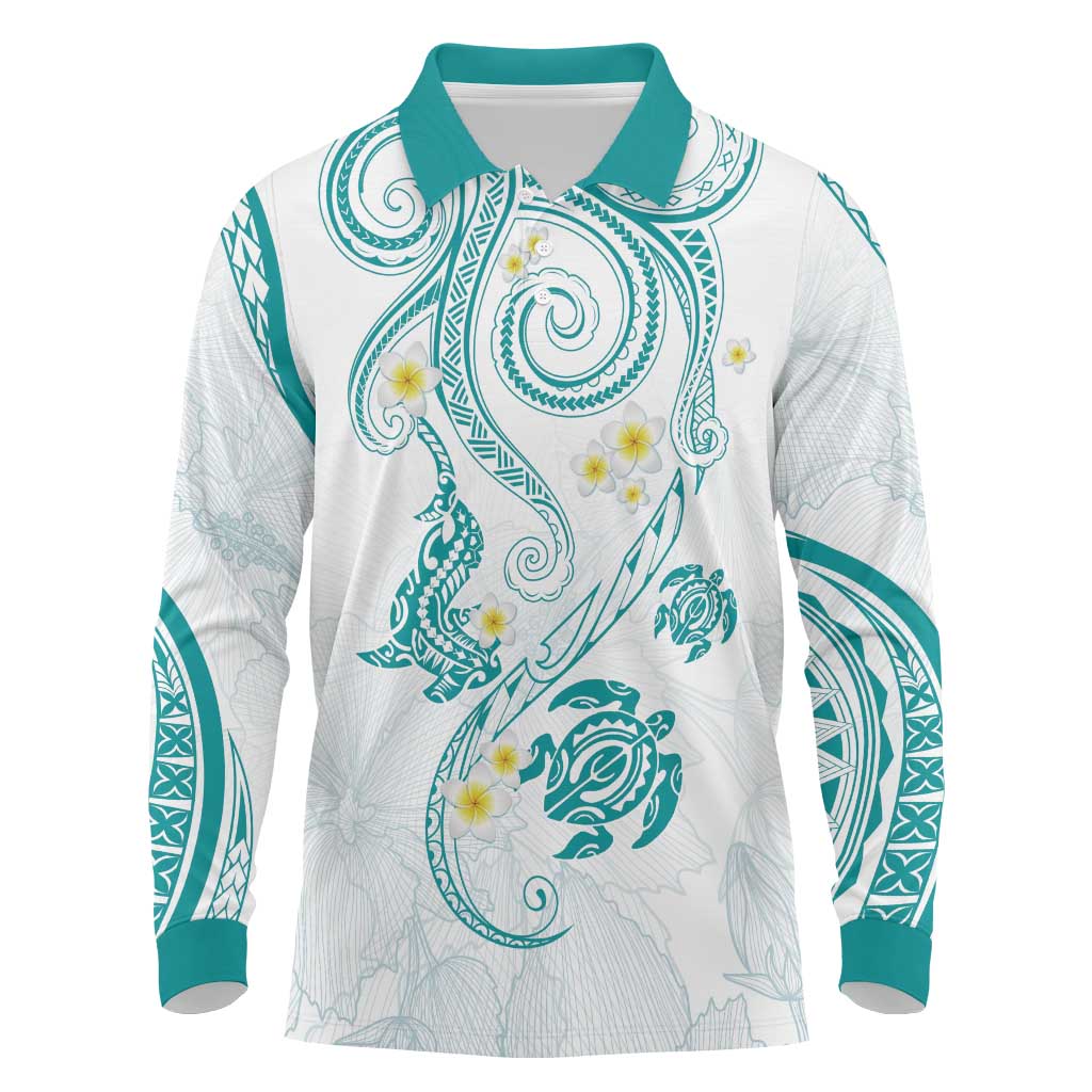 Polynesia Tribal Long Sleeve Polo Shirt Teal Plumeria Tentacles