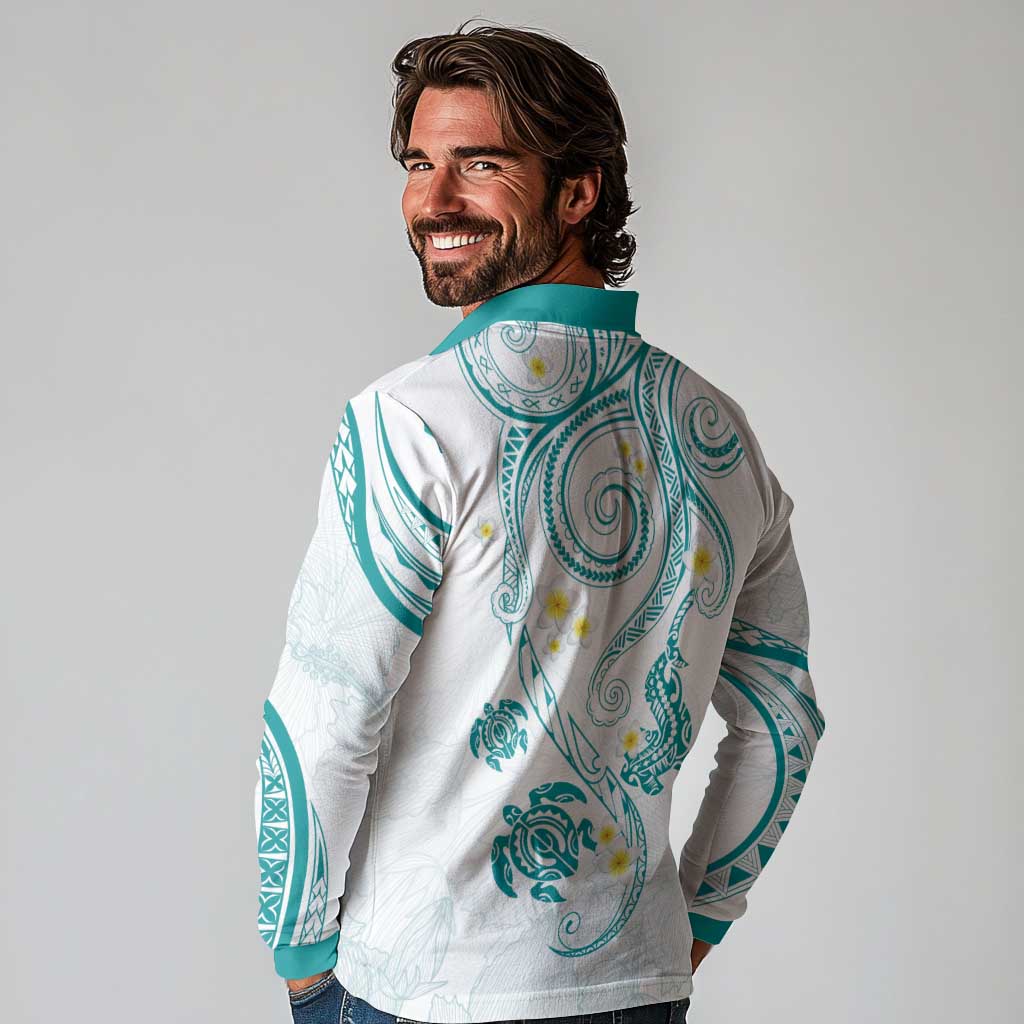 Polynesia Tribal Long Sleeve Polo Shirt Teal Plumeria Tentacles
