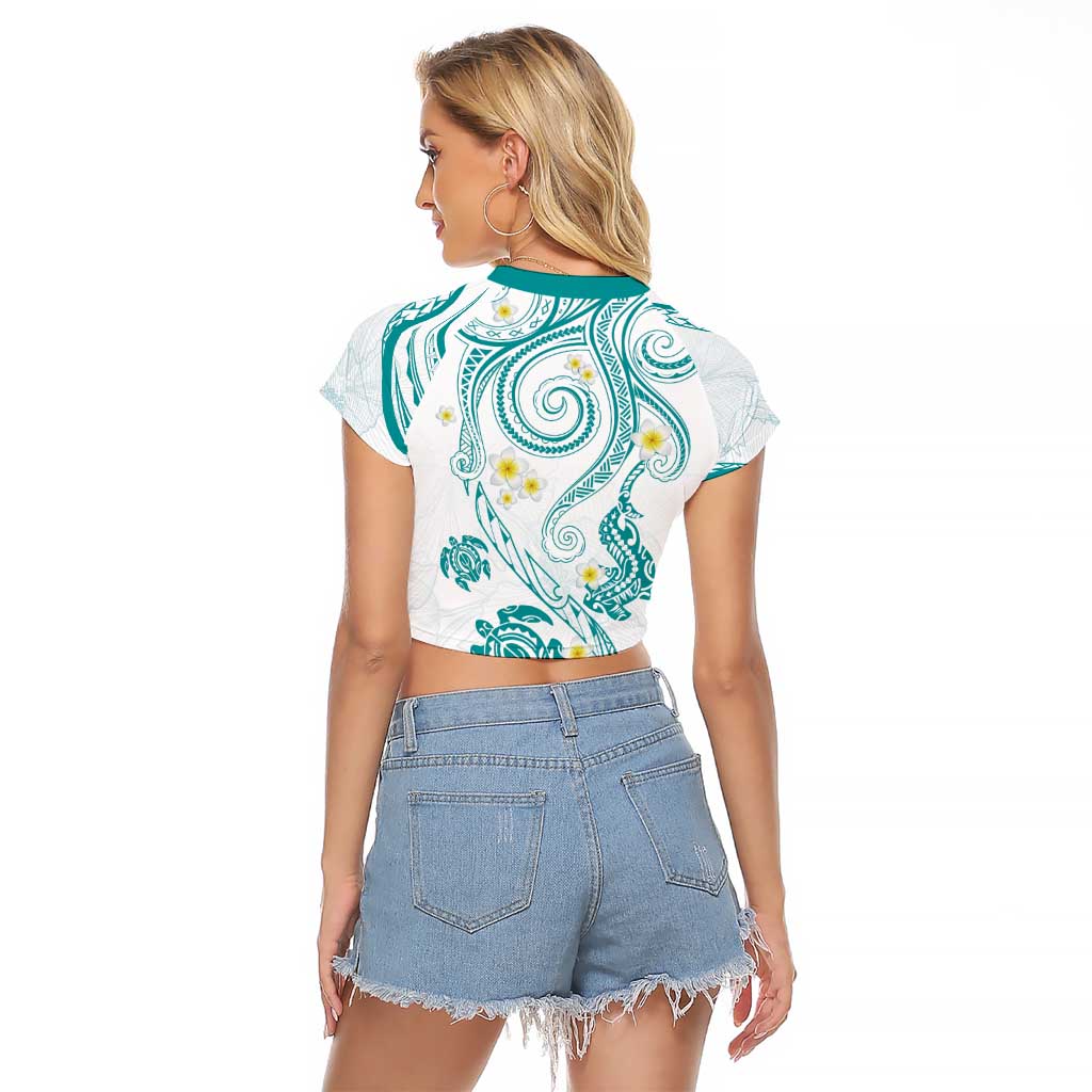 Polynesia Tribal Raglan Cropped T Shirt Teal Plumeria Tentacles