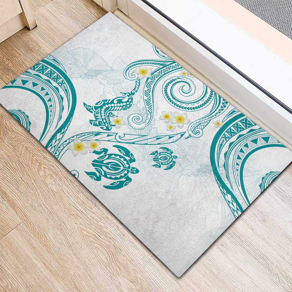 Polynesia Tribal Rubber Doormat Teal Plumeria Tentacles