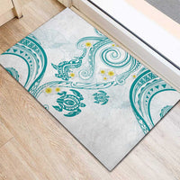 Polynesia Tribal Rubber Doormat Teal Plumeria Tentacles