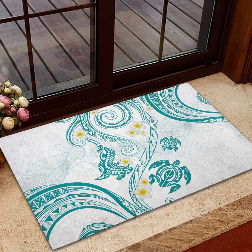Polynesia Tribal Rubber Doormat Teal Plumeria Tentacles