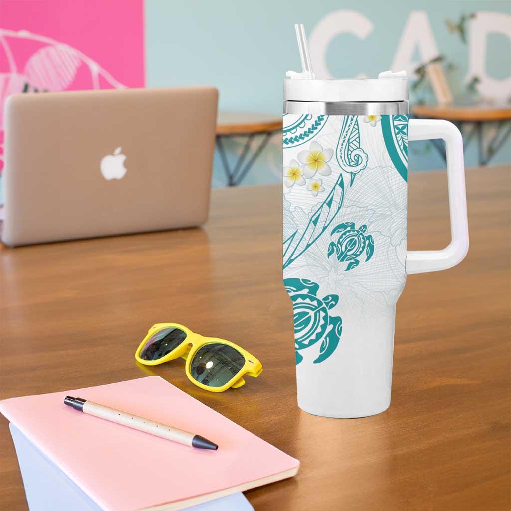 Polynesia Tribal Tumbler With Handle Teal Plumeria Tentacles