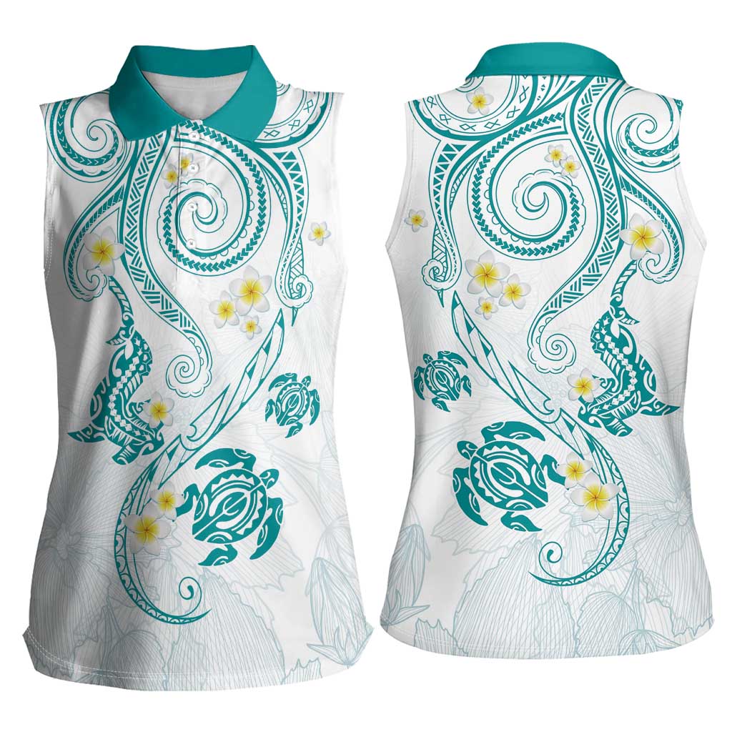 Polynesia Tribal Women Sleeveless Polo Shirt Teal Plumeria Tentacles