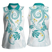 Polynesia Tribal Women Sleeveless Polo Shirt Teal Plumeria Tentacles