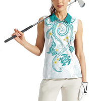 Polynesia Tribal Women Sleeveless Polo Shirt Teal Plumeria Tentacles