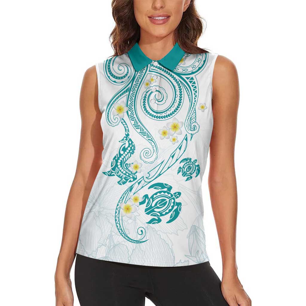 Polynesia Tribal Women Sleeveless Polo Shirt Teal Plumeria Tentacles