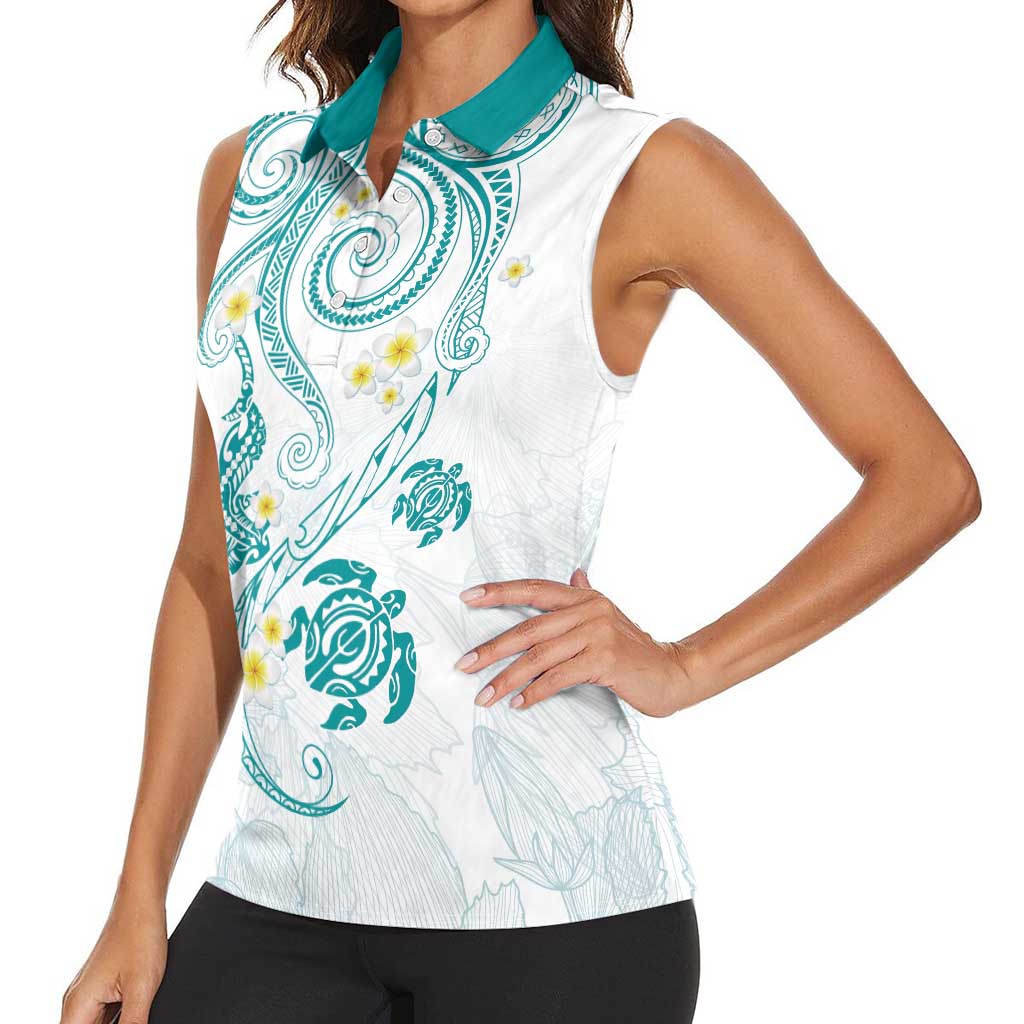Polynesia Tribal Women Sleeveless Polo Shirt Teal Plumeria Tentacles