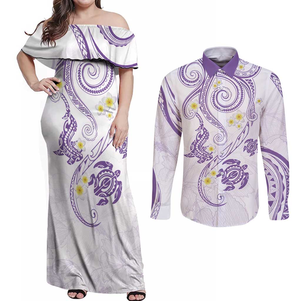 Polynesia Tribal Couples Matching Off Shoulder Maxi Dress and Long Sleeve Button Shirt Lilac Plumeria Tentacles