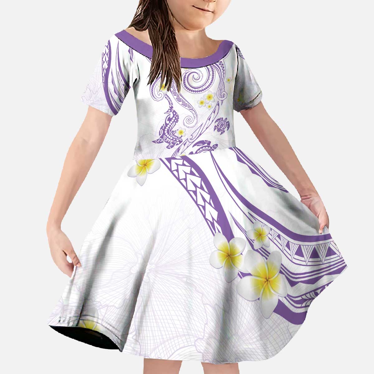 Polynesia Tribal Family Matching Off The Shoulder Long Sleeve Dress and Hawaiian Shirt Lilac Plumeria Tentacles LT7 - Polynesian Pride