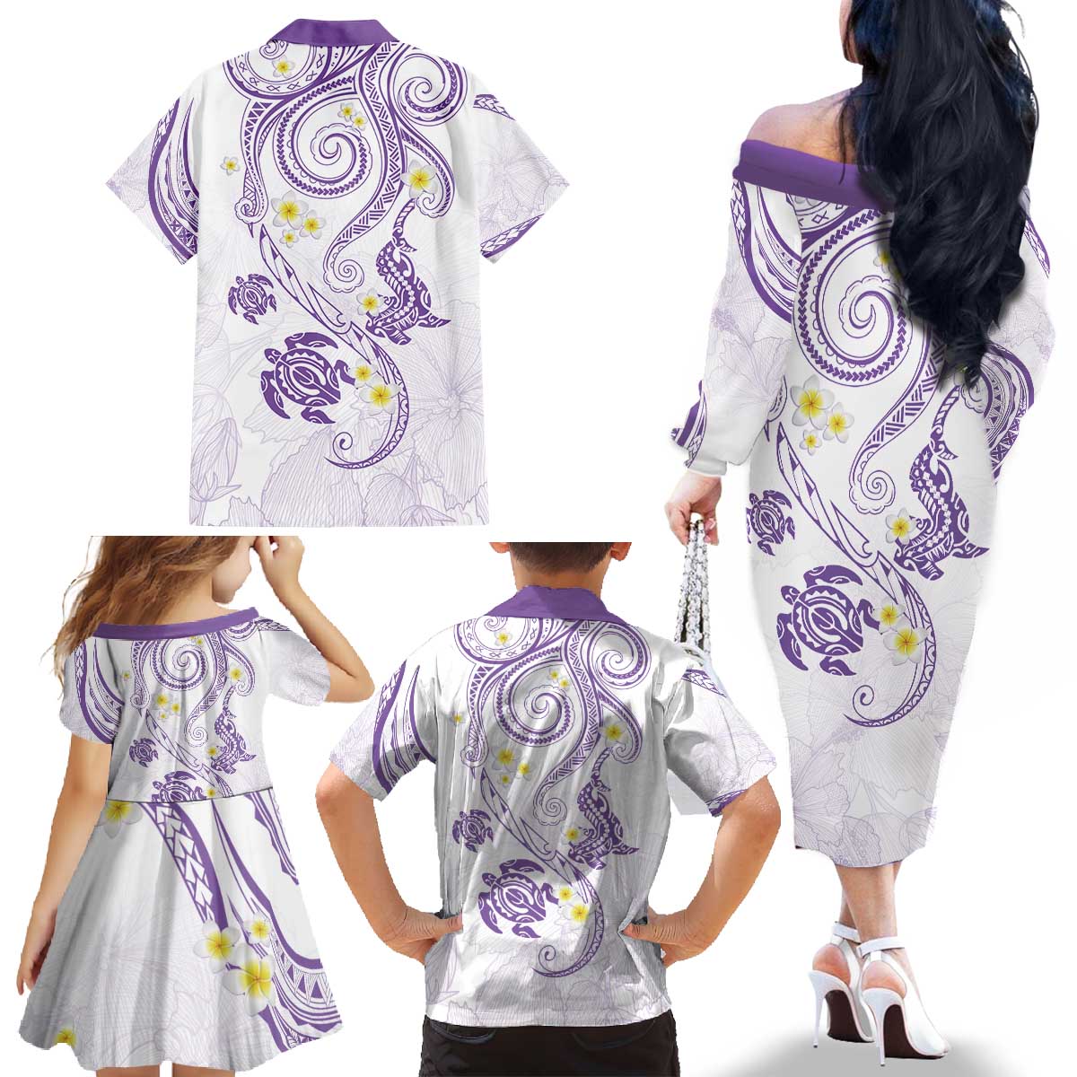 Polynesia Tribal Family Matching Off The Shoulder Long Sleeve Dress and Hawaiian Shirt Lilac Plumeria Tentacles LT7 - Polynesian Pride