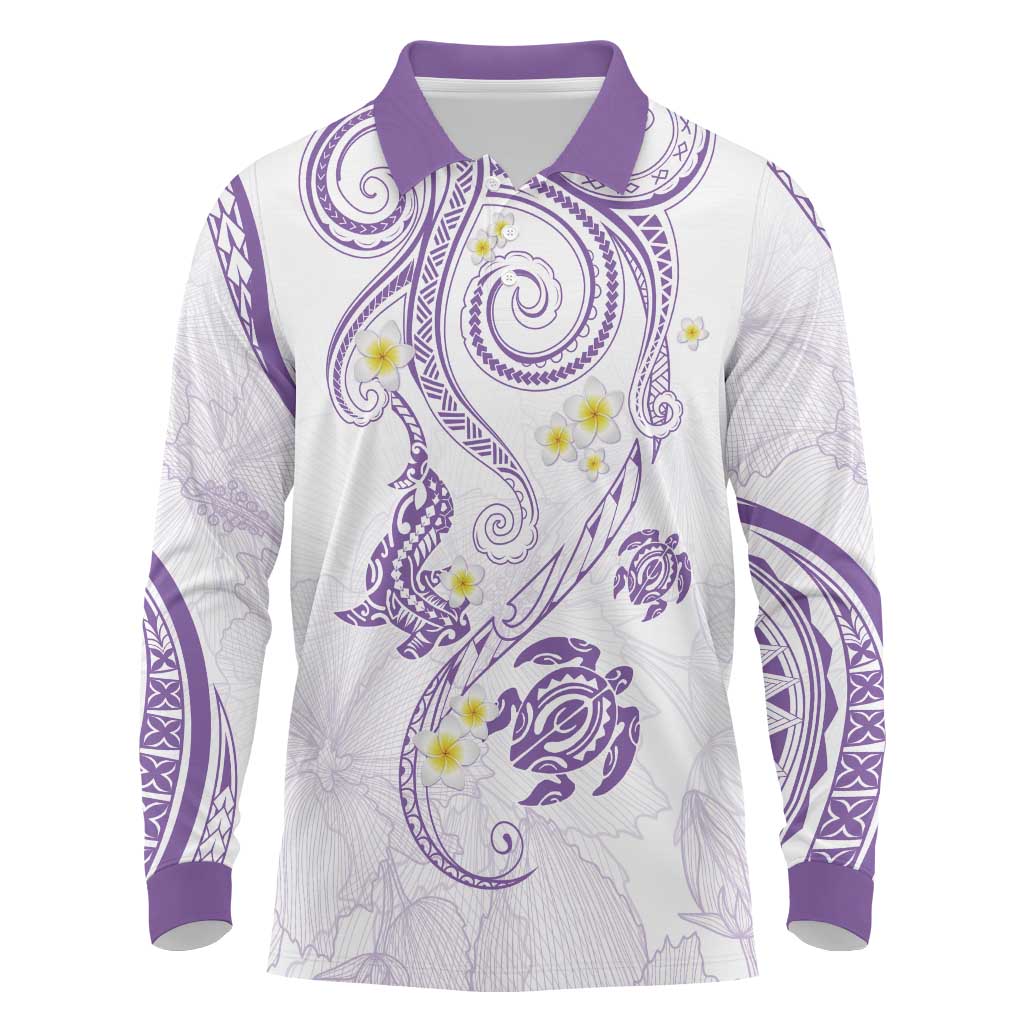 Polynesia Tribal Long Sleeve Polo Shirt Lilac Plumeria Tentacles