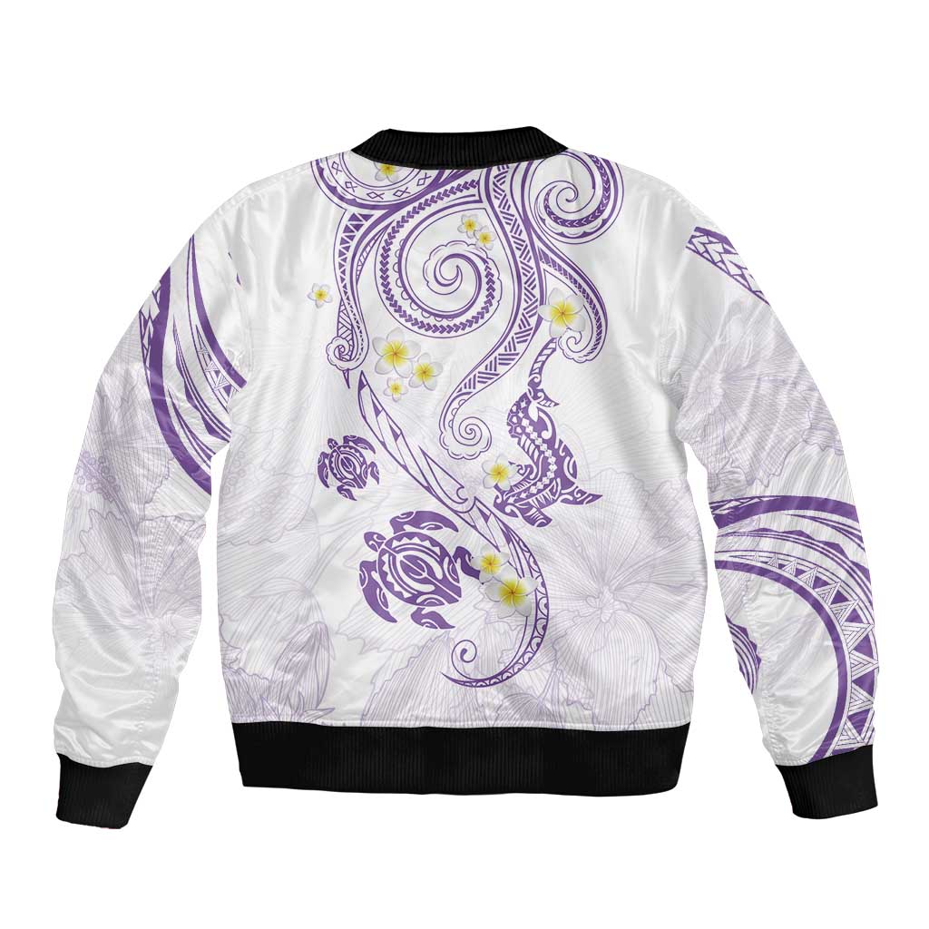 Polynesia Tribal Sleeve Zip Bomber Jacket Lilac Plumeria Tentacles