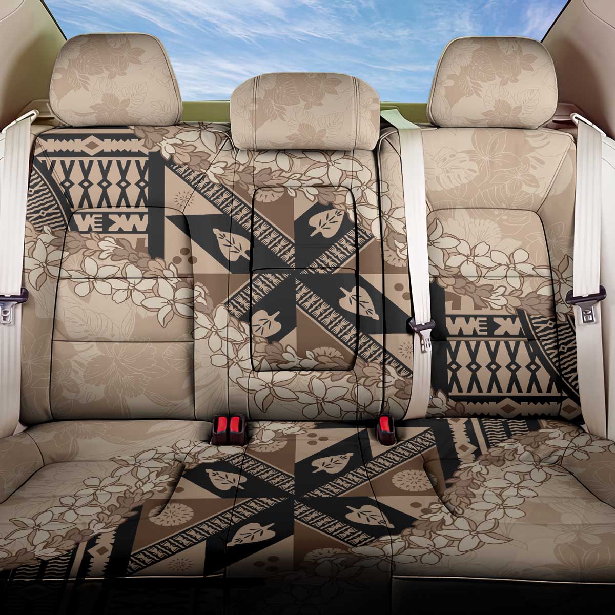 Bula Fiji Plumeria Tagimoucia Salusalu Beige Back Car Seat Cover Kaiviti Masi LT7 One Size Beige - Polynesian Pride