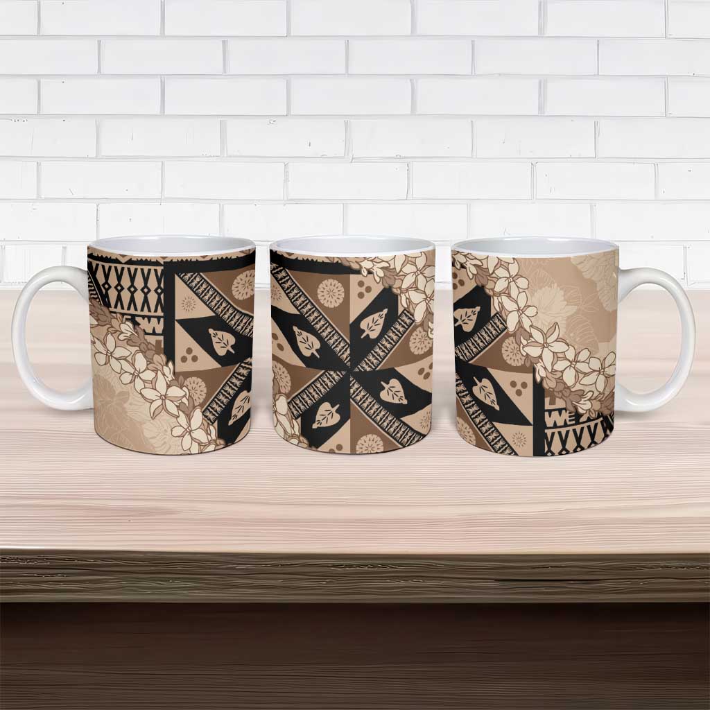 Bula Fiji Plumeria Tagimoucia Salusalu Beige Ceramic Mug Kaiviti Masi - Polynesian Pride