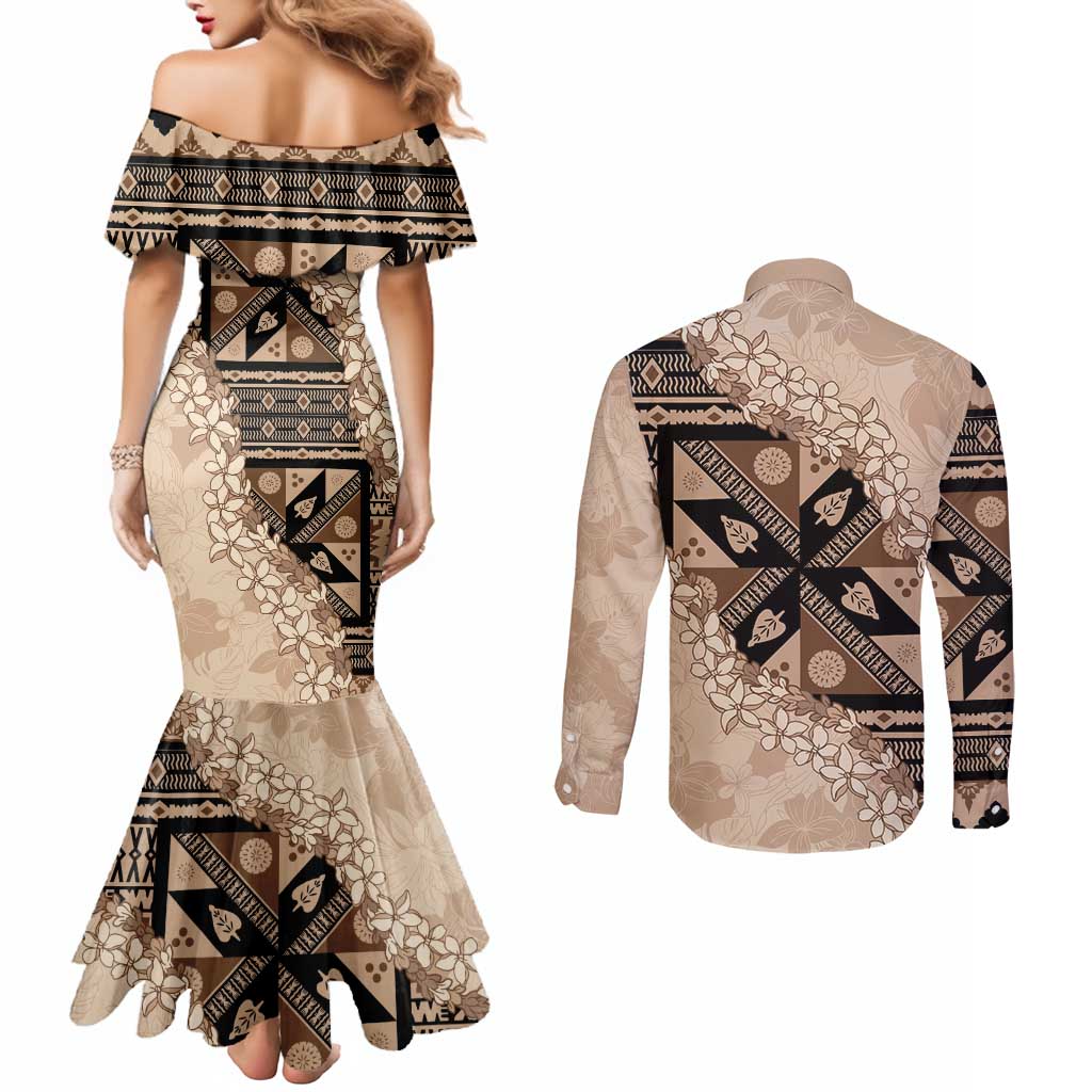 Bula Fiji Plumeria Tagimoucia Salusalu Beige Couples Matching Mermaid Dress and Long Sleeve Button Shirt Kaiviti Masi LT7 - Polynesian Pride