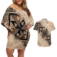 Bula Fiji Plumeria Tagimoucia Salusalu Beige Couples Matching Off Shoulder Short Dress and Hawaiian Shirt Kaiviti Masi LT7 Beige - Polynesian Pride