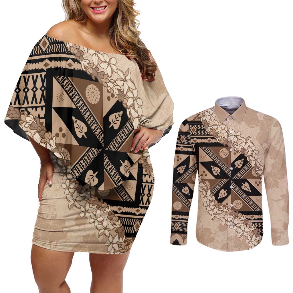 Bula Fiji Plumeria Tagimoucia Salusalu Beige Couples Matching Off Shoulder Short Dress and Long Sleeve Button Shirt Kaiviti Masi LT7 Beige - Polynesian Pride