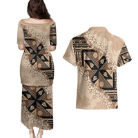 Bula Fiji Plumeria Tagimoucia Salusalu Beige Couples Matching Puletasi and Hawaiian Shirt Kaiviti Masi LT7 - Polynesian Pride