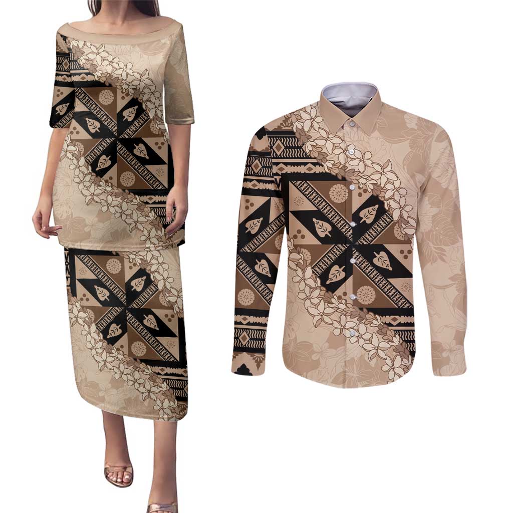 Bula Fiji Plumeria Tagimoucia Salusalu Beige Couples Matching Puletasi and Long Sleeve Button Shirt Kaiviti Masi LT7 Beige - Polynesian Pride