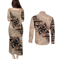 Bula Fiji Plumeria Tagimoucia Salusalu Beige Couples Matching Puletasi and Long Sleeve Button Shirt Kaiviti Masi LT7 - Polynesian Pride