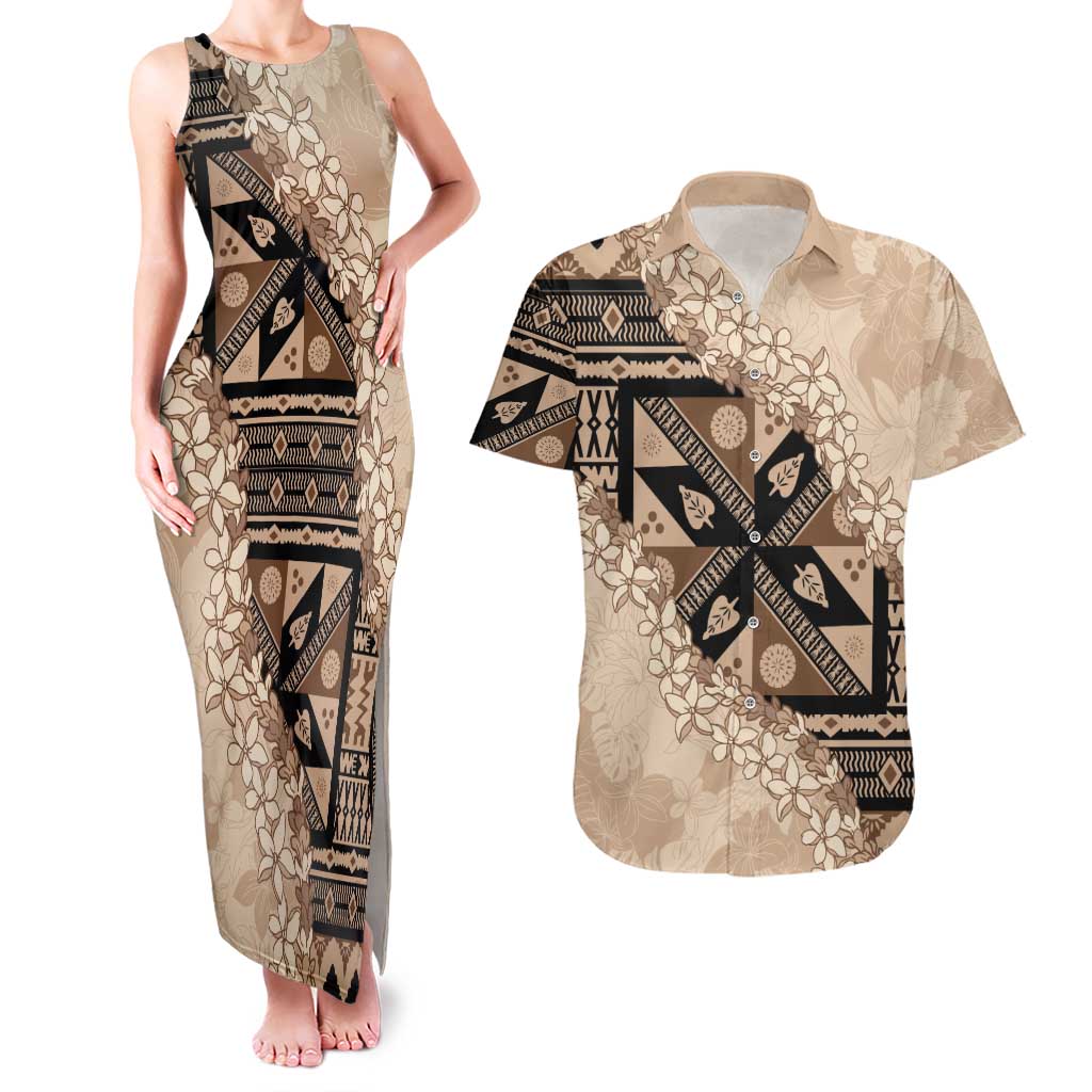 Bula Fiji Plumeria Tagimoucia Salusalu Beige Couples Matching Tank Maxi Dress and Hawaiian Shirt Kaiviti Masi LT7 Beige - Polynesian Pride