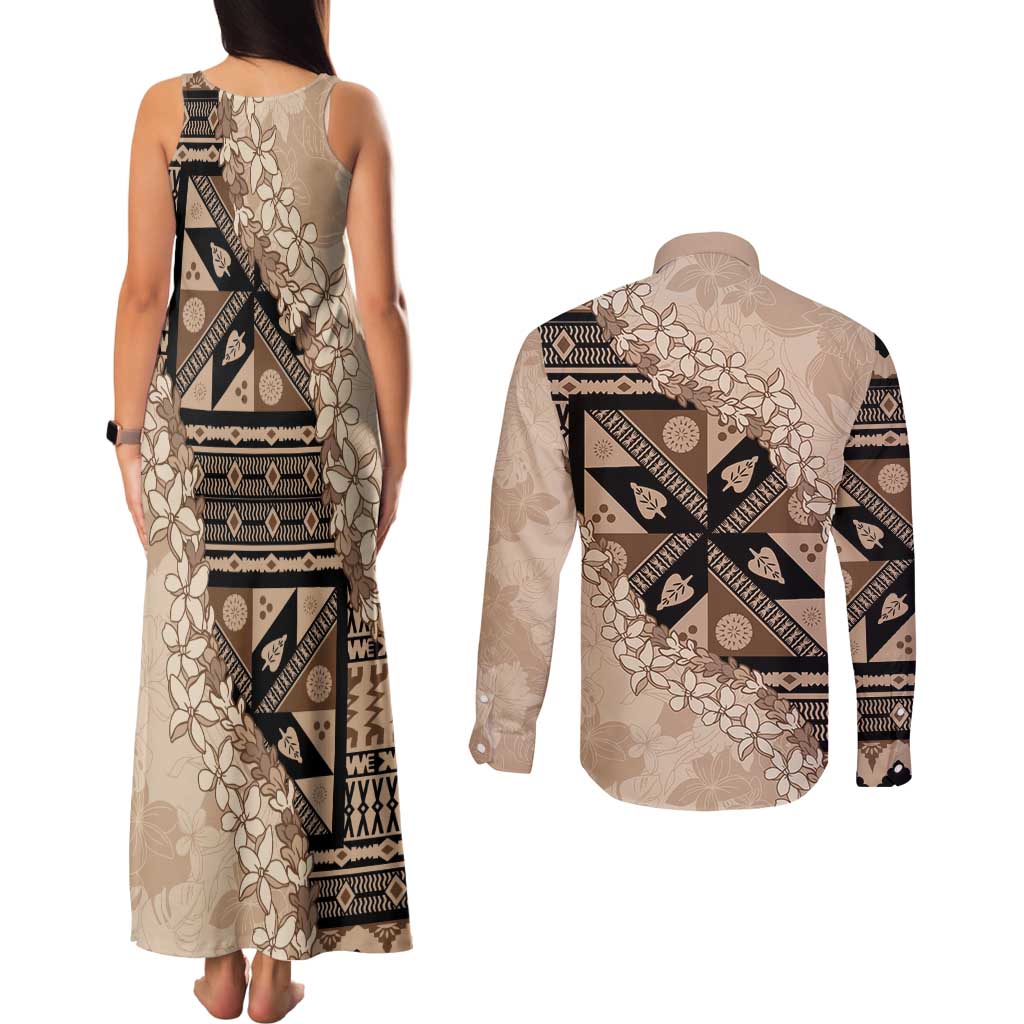 Bula Fiji Plumeria Tagimoucia Salusalu Beige Couples Matching Tank Maxi Dress and Long Sleeve Button Shirt Kaiviti Masi LT7 - Polynesian Pride