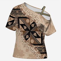 Bula Fiji Plumeria Tagimoucia Salusalu Beige Cross Shoulder Shirt Kaiviti Masi LT7 Female Beige - Polynesian Pride