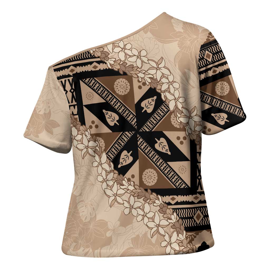 Bula Fiji Plumeria Tagimoucia Salusalu Beige Cross Shoulder Shirt Kaiviti Masi LT7 - Polynesian Pride