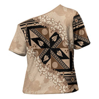 Bula Fiji Plumeria Tagimoucia Salusalu Beige Cross Shoulder Shirt Kaiviti Masi LT7 - Polynesian Pride